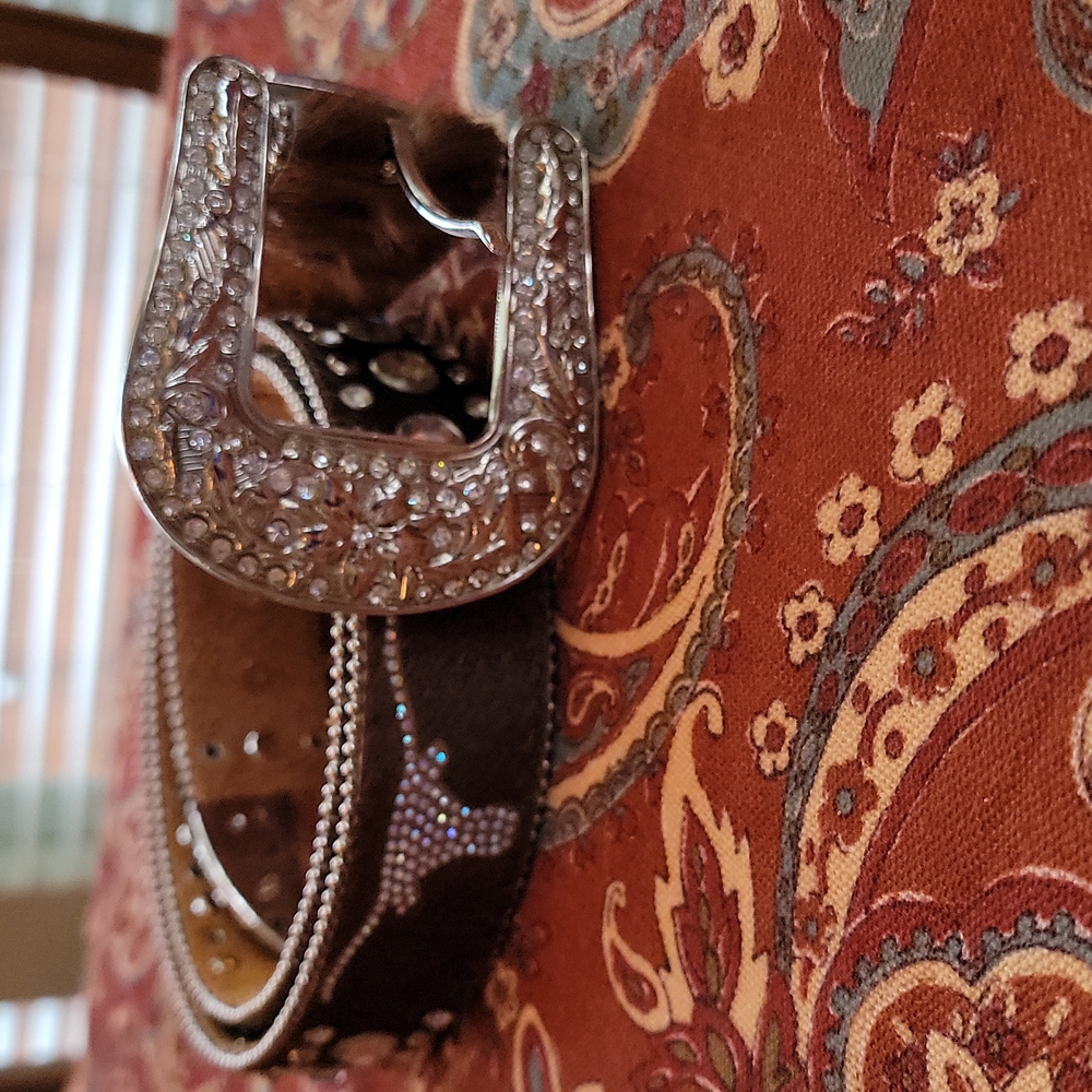 Atlas Texas Longhorn brown calf hair leather, rhinestones, and studs belt Large